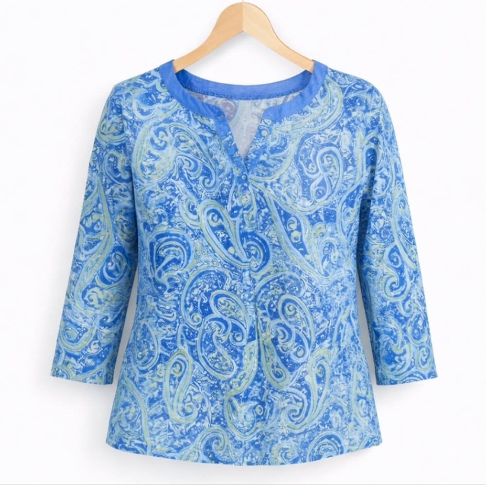 Grand & Greene Blue Green Bohemian Sheer Paisley Blouse Sz Med